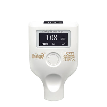 Close-up of the LS232 paint thickness meter showing the dual OLED screens with readings.